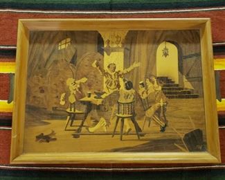Inlaid wooden tray with party scene