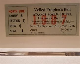 Lucite framed ticket 1987 Veiled Prophet's Ball on one side and Queens supper dance on reverse