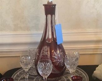 Ruby cut to clear Wine decanter - Clear cut crystal stemware and ruby glass items