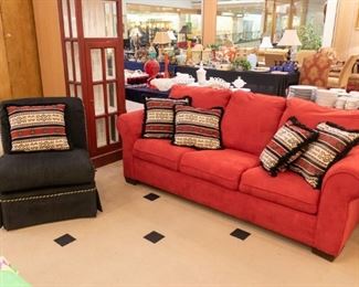 Hide-a-Bed red sofa and adorable black accent chair!