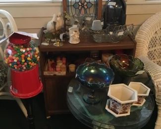 Candles, glass, planters, round glass table tops, gum ball machine