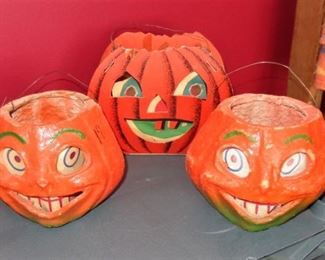 Vintage Jack O Lanterns. L24=(front) 2 paper mache with wire handles (5.5"):  $110./ pair.                                   L25= (rear) cardboard (6.25"):  $ 24.