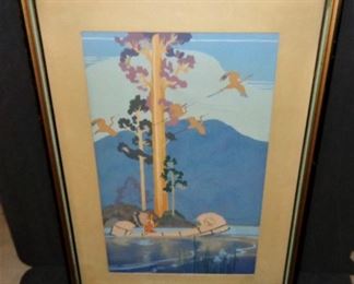 LOT1 = Indian in birchbark canoe; vintage screen print by Lee Mero (Mpls. School of Fine Arts);  9.75"x15.5" sight sz:  $ 115.