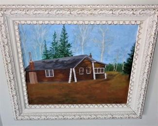 L75=Primitive cabin painting  by R. Fitzgerald; oil on canvas (19.5'x15.5"):  $ 50.