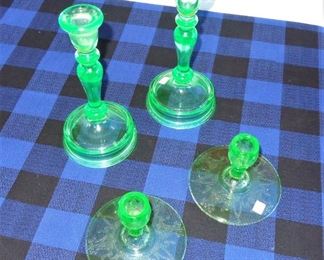 L52=Tall green glass candlesticks (8.5"): $ 29./ pair SOLD
L53=Shorter green depression glass candlesticks:         $ 22./pair SOLD