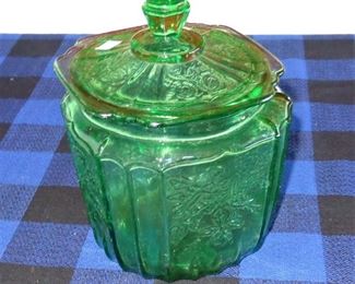 L50= Green depression glass biscuit jar: $ 34.