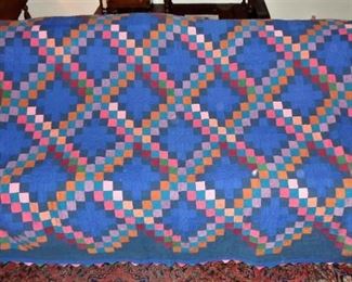 L28=Stunning blue/multicolored Triple Irish Chain quilt with serrated edge (80"x84", newer):  $ 180.