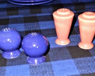 Fiesta salt & pepper shakers. L100=(left) Cobalt: $ 12.  L101=(right) Tall rose:  $ 10.