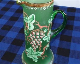 L51=Hand painted green glass pitcher ( ~11”): $ 14.