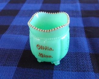 L54=Olivia, MN. souvenir jadeite toothpick holder:           $ 14.