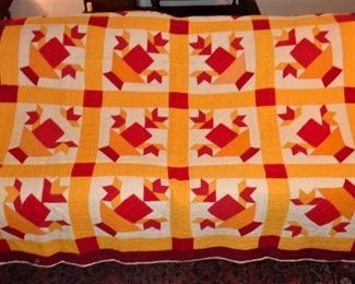 L29=Red/Maroon/Gold/White flower basket quilt (68"x80"):  $ 125.   (newer vintage; clean, in very nice condition)