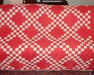L32=Vintage red/white quilt (66"x72"):  $ 75.   ( some fraying edge, thin spots, fading )