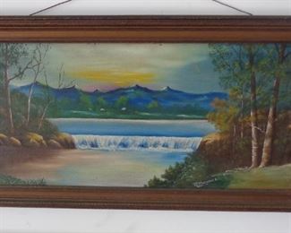 L66=Antique landscape painting  by R. Messerole; oil on board (19.5"x 9.25"):  $ 45.