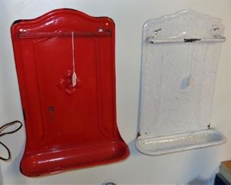 Vintage European enamelware kitchen wall racks.  L152=(left) Red: $ 53.  SOLD                                                              
L153= (right) Blue/white:  $ 45. SOLD