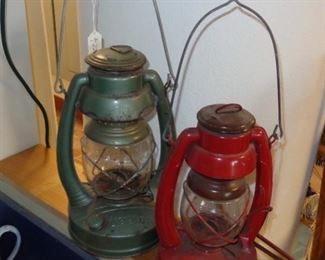 Vintage lanterns.    L196=(left) Sage green, 14":  $ 22.  L197=(right) Red, 12":  $ 28.