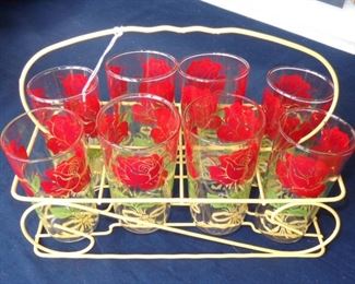 L130=8 lemonade glasses (red roses) in yellow wIre carrier:   $ 36./set