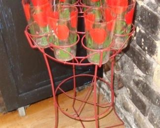 L129=Vintage set of 8 lemonade glasses (red tulips) in wire floor stand:  $ 45.