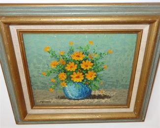 L67=Still life daisies, oil on board by J. Pemarini (7.5"x9.5"):    $ 49.