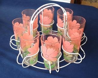 L133= 8 vintage lemonade glasses in round white wire carrier:  $ 35.