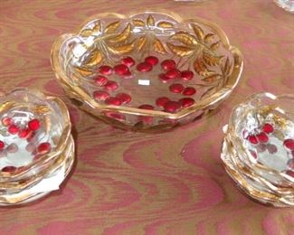 L55=Cherries!  Antique 7 piece gilded fruit bowl set:       $ 25.
