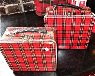 Tartan plaid lunch boxes.   L78=(left) earlier vintage                         ( scratches/wear ): $ 15.SOLD         L79=(right) newer and minty:  $21. SOLD