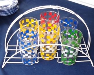 L135=Colorful set of 6 lemonade glasses in wire carrier:  $28.