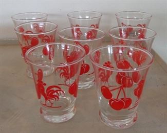 L143= 8 vintage juice glasses (roosters & cherries):  $16.