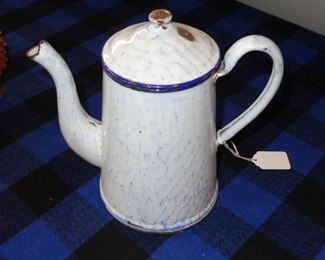 L154=Vintage blue/white enamelware coffee pot (8"):    $ 27.