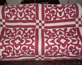 L30=Striking vintage maroon / white quilt (66"x74"):  $ 100.                      ( minor fading, could use a wash )