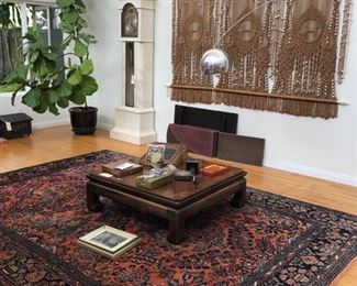 9 x 12 Persian Rug antique, Marble post modern Grandfather clock, Arc lamp not for sale, Ming style coffee table, massive fiddle head fern