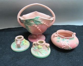 Roseville Pottery basket, candle holders and bowl