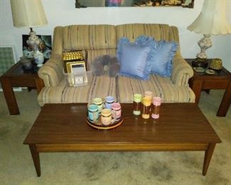Loveseat, Oak End Tables, Pretty Lamps