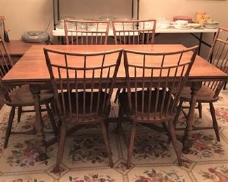ETHAN ALLEN DINING TABLE WITH HIDDEN LEAF EXTENSIONS AND 6 ETHAN ALLEN FAUX BAMBOO BIRDCAGE CHAIRS.