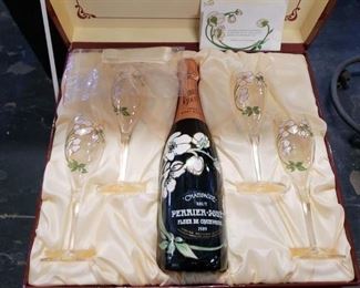 Vintage 1989 Perrier Jouet Champagne & 4 glass collectors set