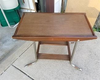 Mid Century Wood with Laminate Inlay Accent Table Chrome Legs 26"W x 14.5"D x 20"H