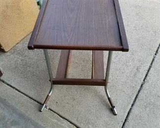 Mid Century Wood with Laminate Inlay Accent Table Chrome Legs 26"W x 14.5"D x 20"H