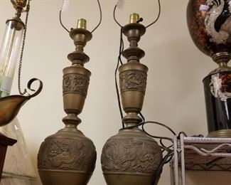 (2) Antique Brass Asian Designed Embossed Table Lamps