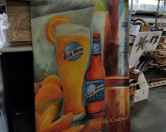 Large Blue Moon Beer Oil on Canvas (has some damage on bottom) 