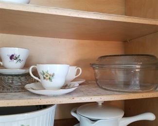 Tea cups and saucers and Fire King casserole