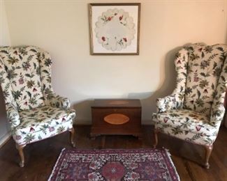 Matching high back chairs, wool rug, framed needlepoint, hand made child’s wood box 