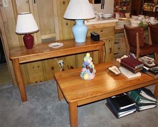 70-80's oak console table, coffee table, also two end tables