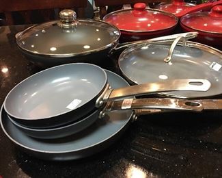 Collection of Todd English Green Pan Pots
12” Frying Pan  with Lid
11” Frying  Pan with Lid 
   8” Frying Pan with Lid
   9” Sauce Pan with Lid
