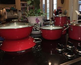 Large Collection of Red Pots, Enamel Ware, Red Pottery Dishes & Casserole Dishes