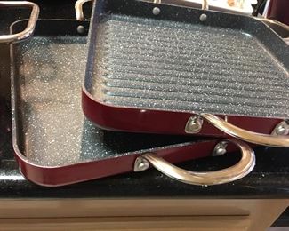 (2) Beautiful Curti/ Stone Red Ceramic Grilling Pans with Handles (Never Used)