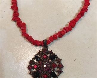Beautiful Vintage Red Coral Pendant Necklace  