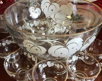 Vintage Punch Bowl on Stand with (12) Matching Cups