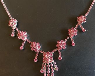 Beautiful Vintage Pink Rhinestone Necklace with Matching Rhinestone Earrings 