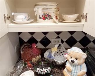 Rooster $6, basket $5, bear canister $6, black teapot $5, butter dish $5, the rest $2 and under. NOW all are 25% off listed prices
