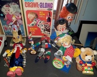 Vintage toy clowns and figures. (Chatty Cathy, Swingy and Crawl-along  - in the background - and clown playing drums are SOLD). NOW all are 25% off listed prices