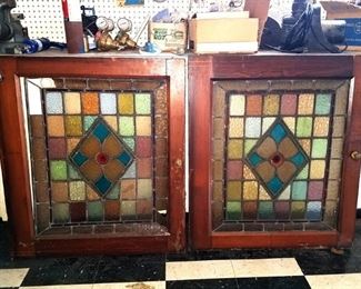 REDUCED!! Vintage large stained glass window panels $30 on the left, $75 on the right. NOW $75 for the pair